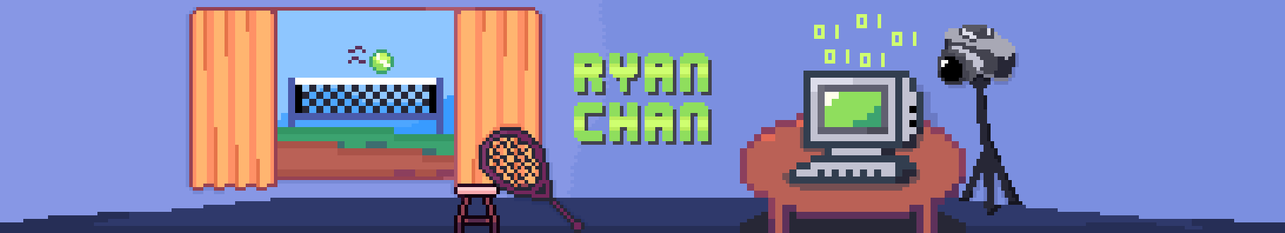 Ryan Chan banner with tennis racket, computer and camera in background